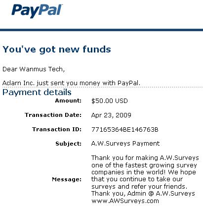 Third Payment From AW Survey